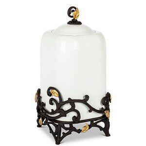 GG Collection LARGE White Stoneware Canister w/Metal & Gold Leaf Base NEW+ VHTF